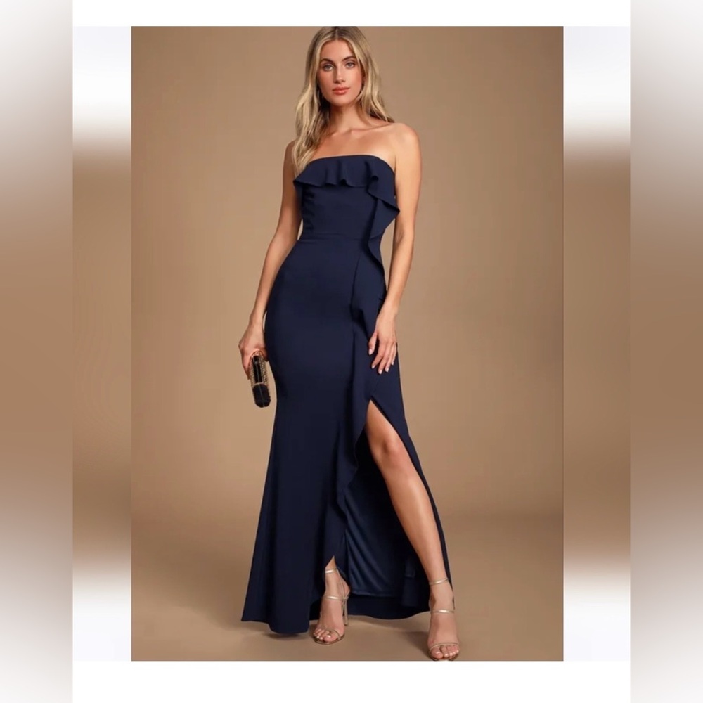 NWT Lulus | Strapless Maxi Long Gown Dress Navy Blue Ruffle Slit | S
